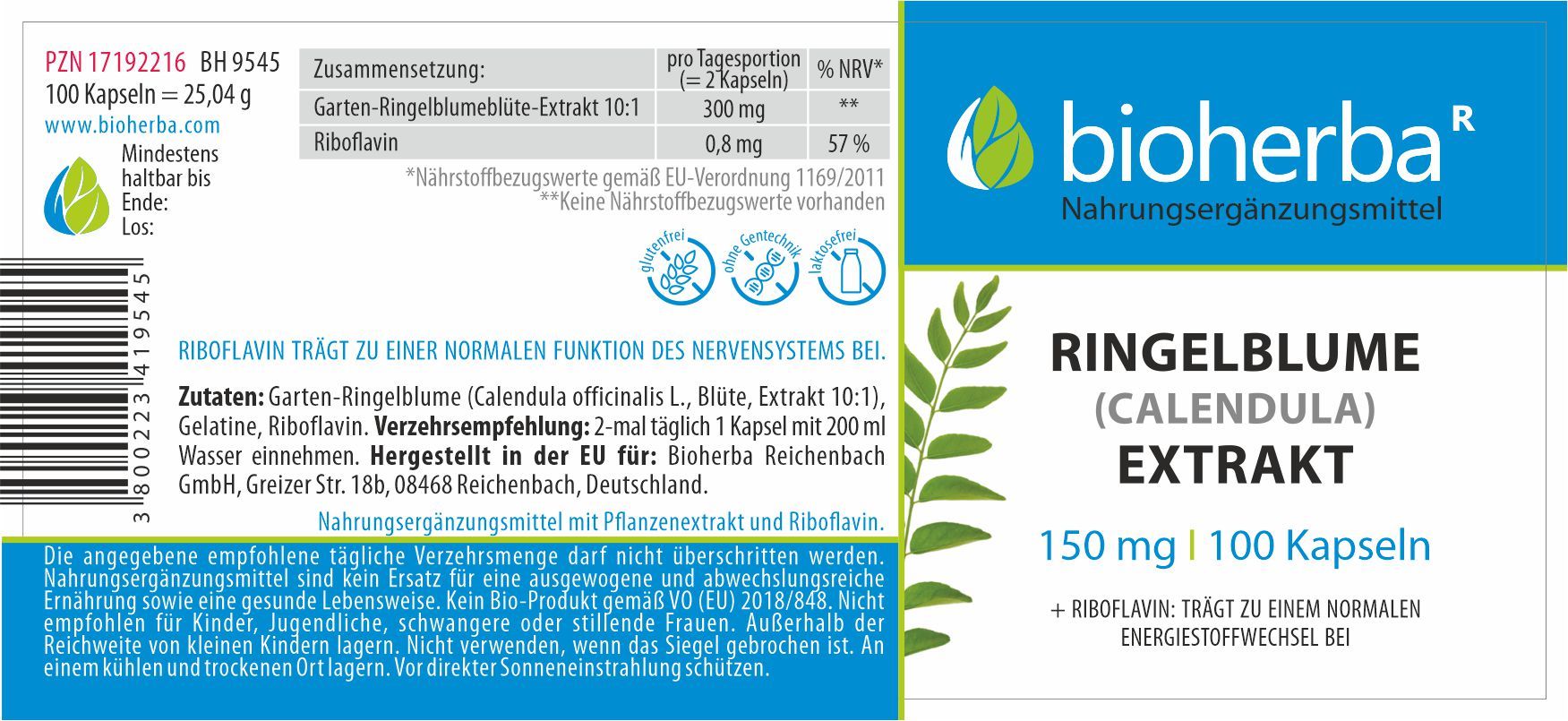 Etikett mit Produktinformationen. Text: Ringelblume Extrakt, 150 mg, 100 Kapseln. Marke: Bioherba. Zutaten, Nährwertangaben.