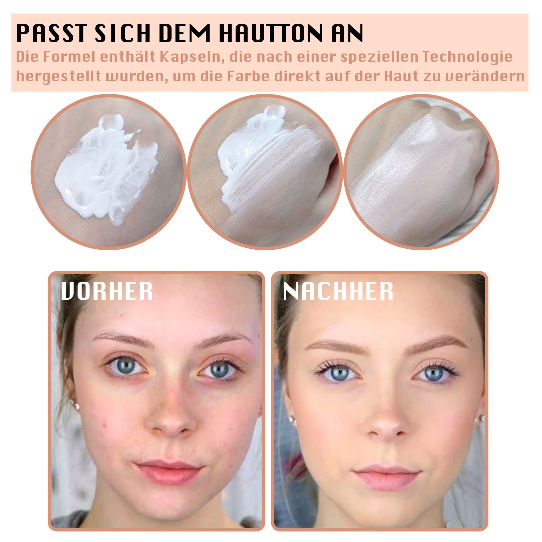 TLM Foundation Color Changing. Flasche. SPF 15. Vorher-Nachher-Effekt auf Händen und Gesichtern.
