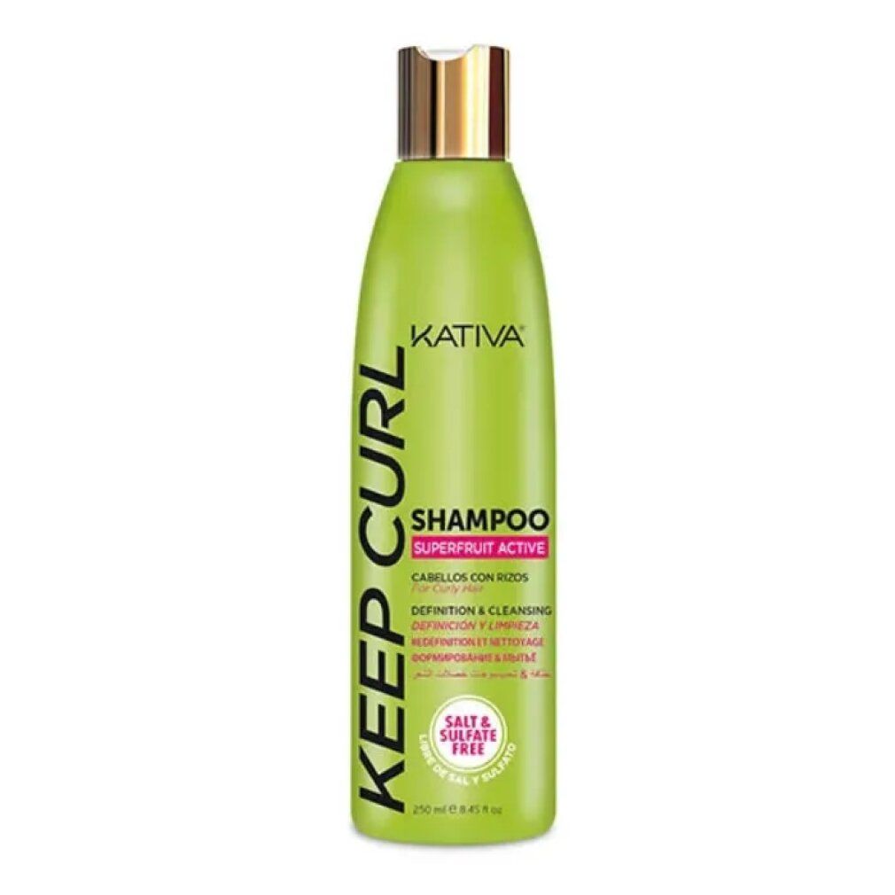 Grüne Shampoo-Flasche mit goldfarbenem Deckel. Text: Kativa Keep Curl Shampoo, Superfruit Active, für lockiges Haar. Salz- und sulfatfrei.