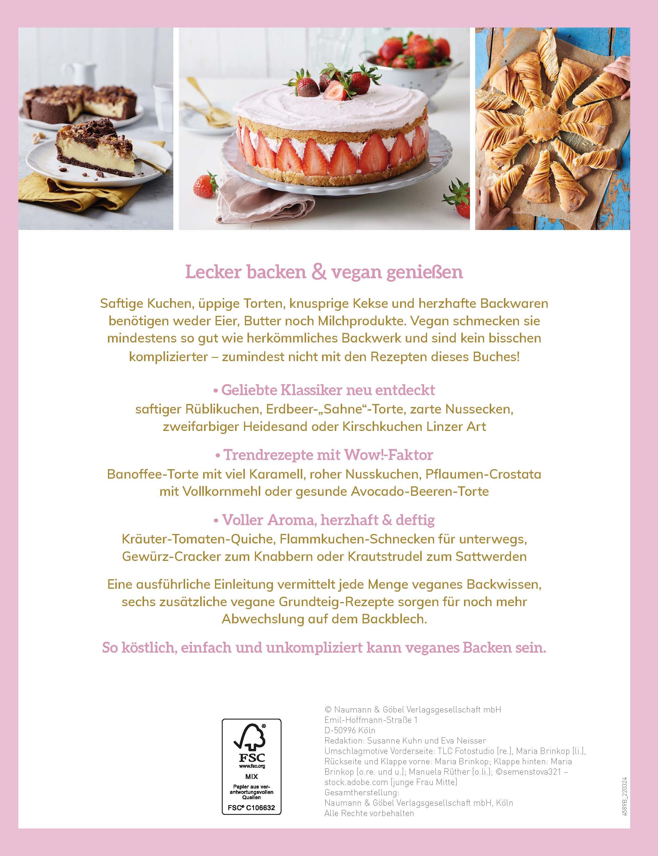 Rückseite des Buches "Vegan Backen". Text in deutscher Sprache. FSC-Zertifizierung.