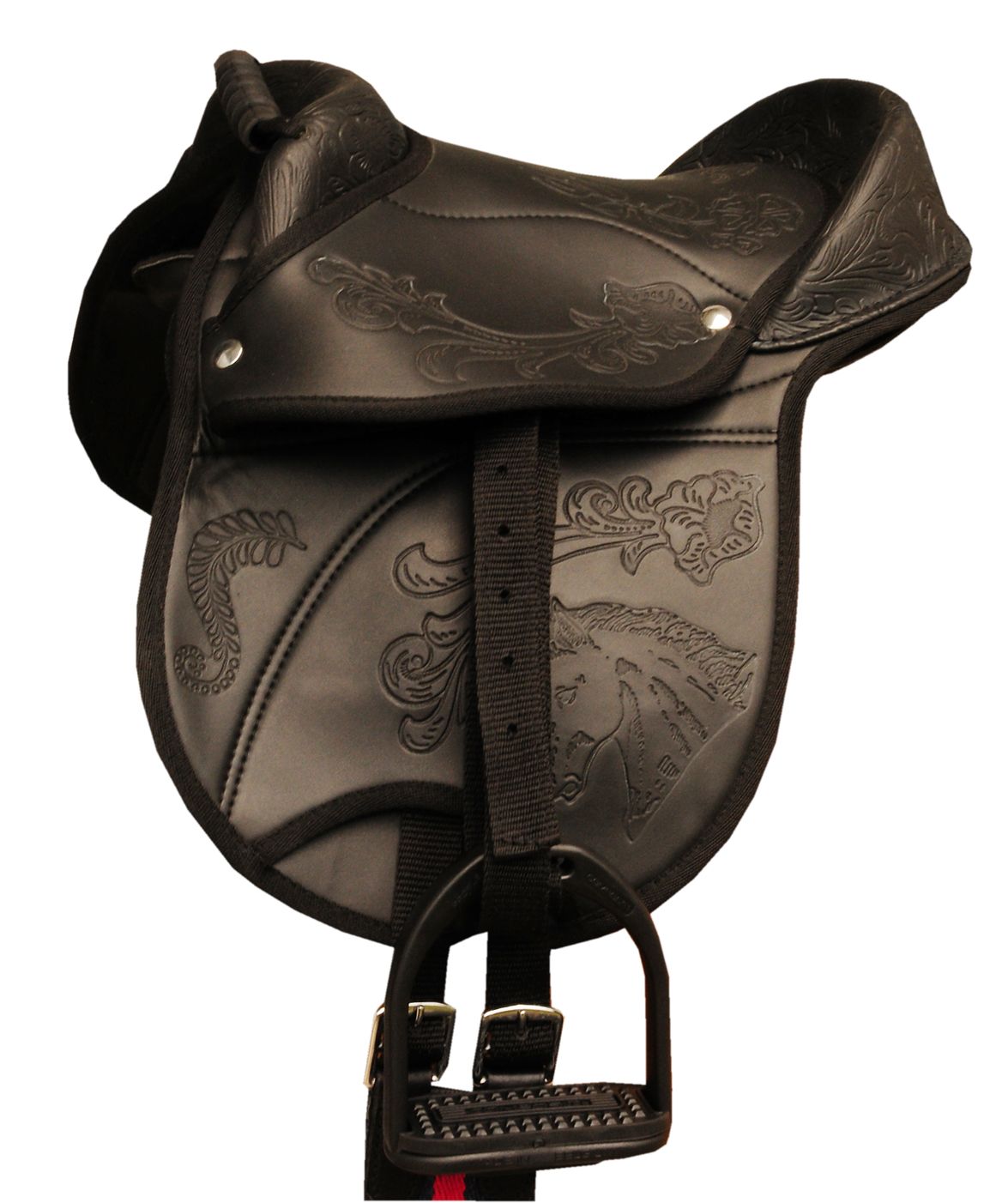 Schwarzer Ponysattel mit floralen Prägungen und Steigbügeln. Kunstleder. 