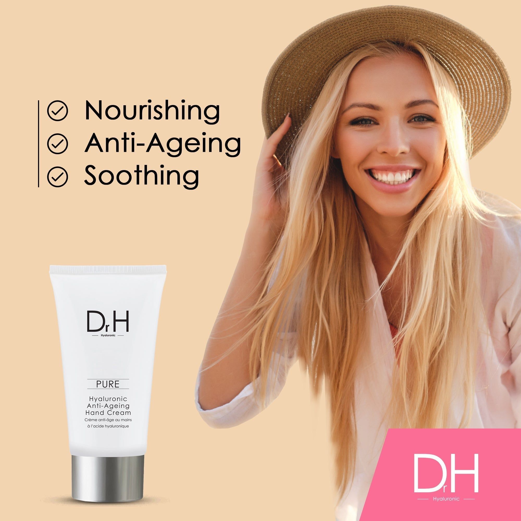 Frau mit Hut und Lächeln. Neben ihr: Tube. Text: Nourishing, Anti-Ageing, Soothing. DH Logo.