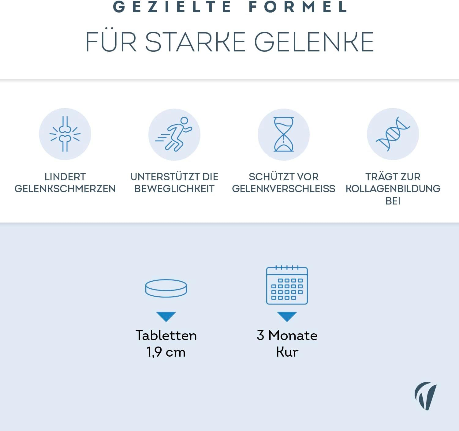 Grafik mit Symbolen: Tabletten, 1,9 cm, 3 Monate Kur. Lindert Gelenkschmerzen, unterstützt Beweglichkeit.