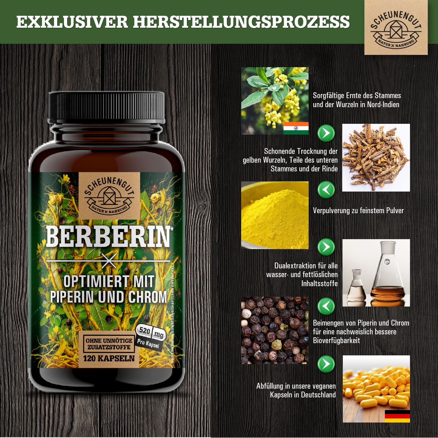 Braune Flasche mit Berberin-Kapseln. Aufschrift: Berberin, optimiert mit Piperin und Chrom. 120 Kapseln. Logo: Scheunengut.