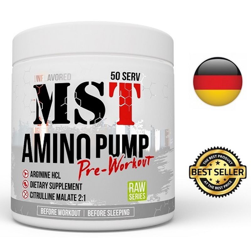 Weißer Behälter mit roter und schwarzer Aufschrift MST Amino Pump. Enthält 50 Portionen. Mit Deutschland-Flagge und Bestseller-Siegel.