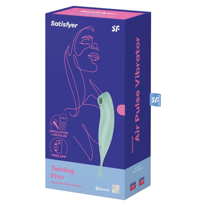 Verpackung des Satisfyer Twirling Pro+ Air Pulse Stimulators, blau.