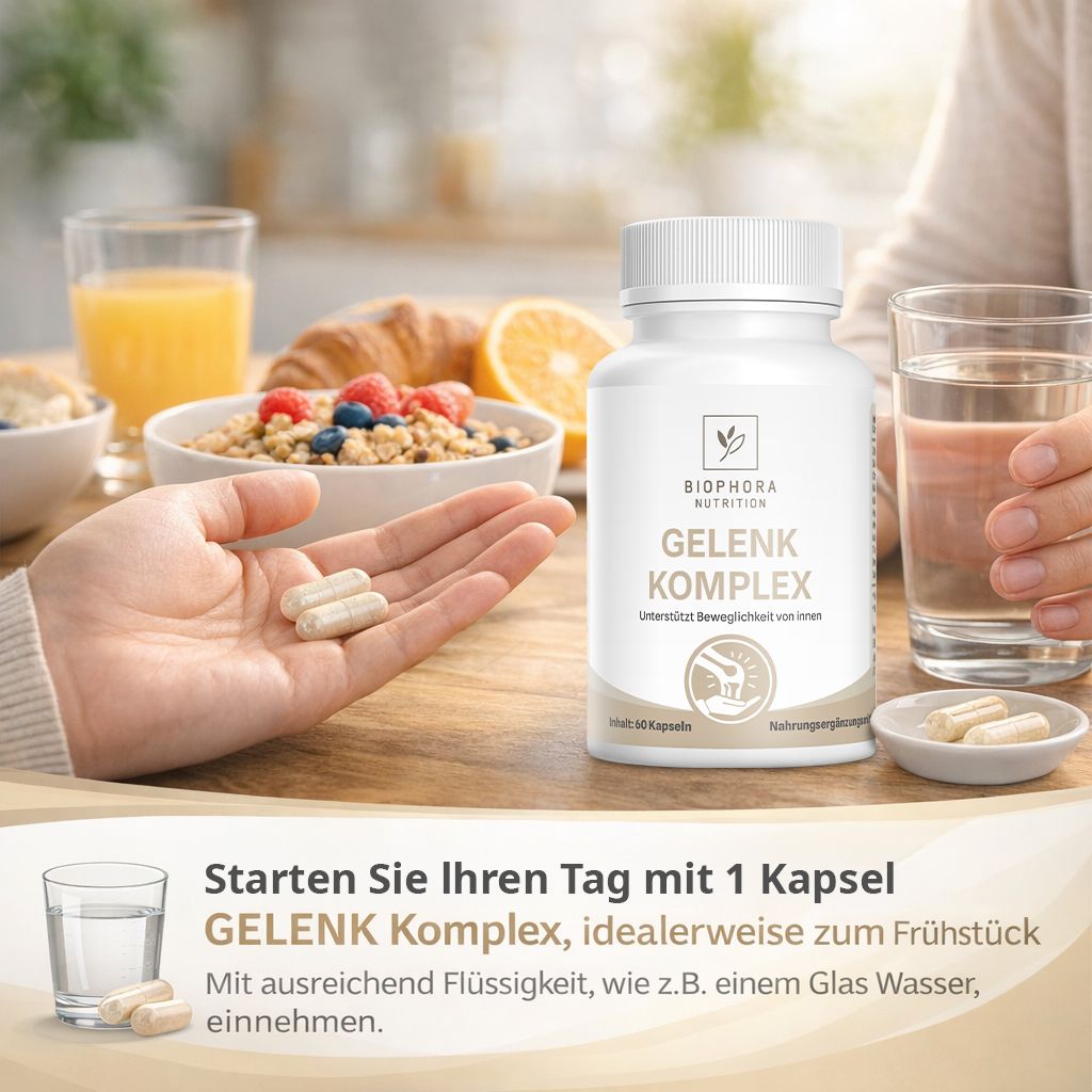 Gelenk Komplex Flasche neben einem Frühstück mit Müsli, Obst und Gebäck.