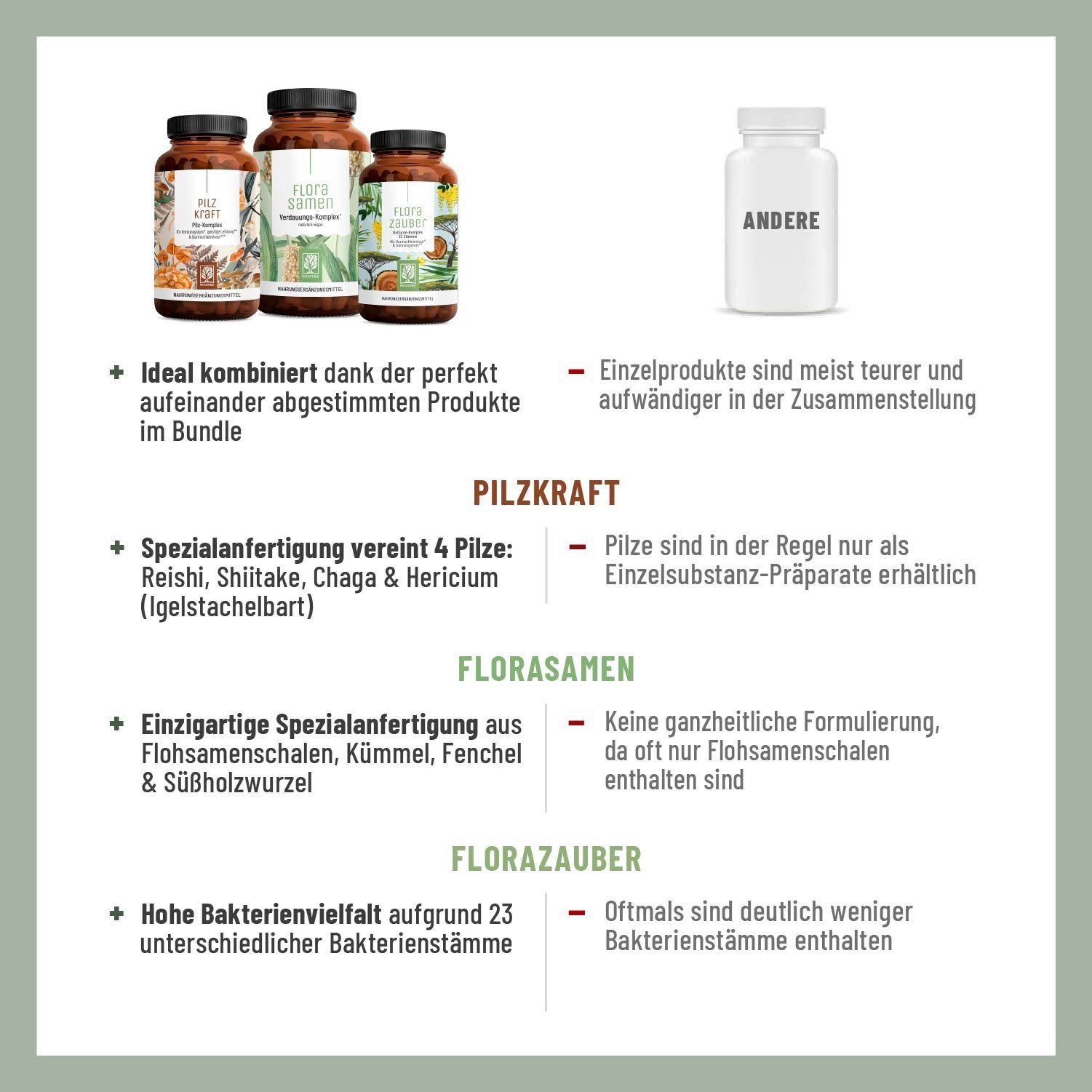 Infografik mit Produktvorteilen. Links: Produktabbildungen. Rechts: Text mit Vorteilen und Erklärungen.