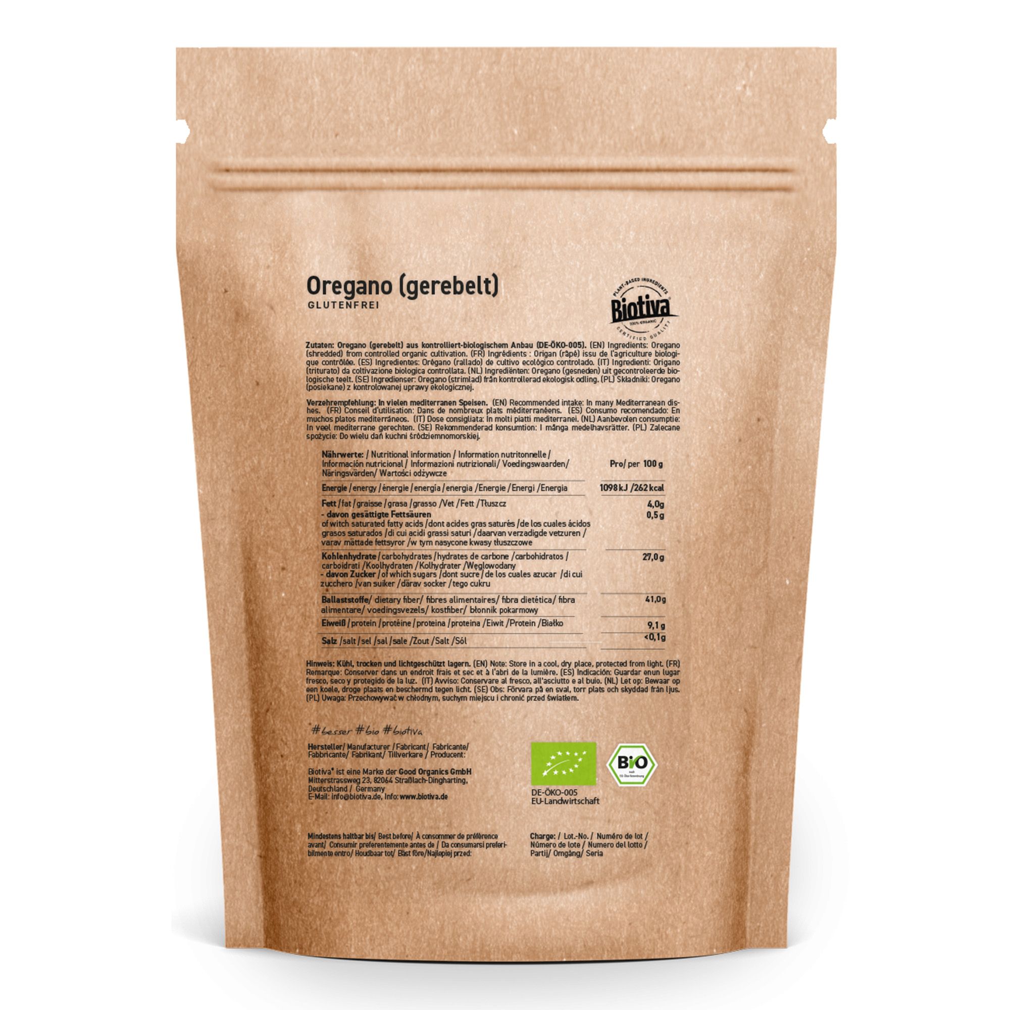 Rückseite des Oregano-Beutels. Marke Biotiva, Bio-Siegel. Informationen zu Inhaltsstoffen und Nährwerten.