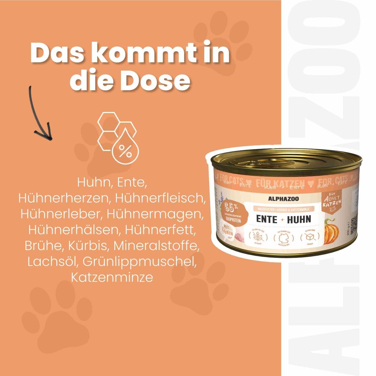 Nassfutterdose mit Ente/Huhn und Kürbis. Zutaten: Huhn, Ente, Hühnerherzen, Hühnerfleisch, Hühnerleber, Hühnermagen, Hühnerhälsen, Hühnerfett.