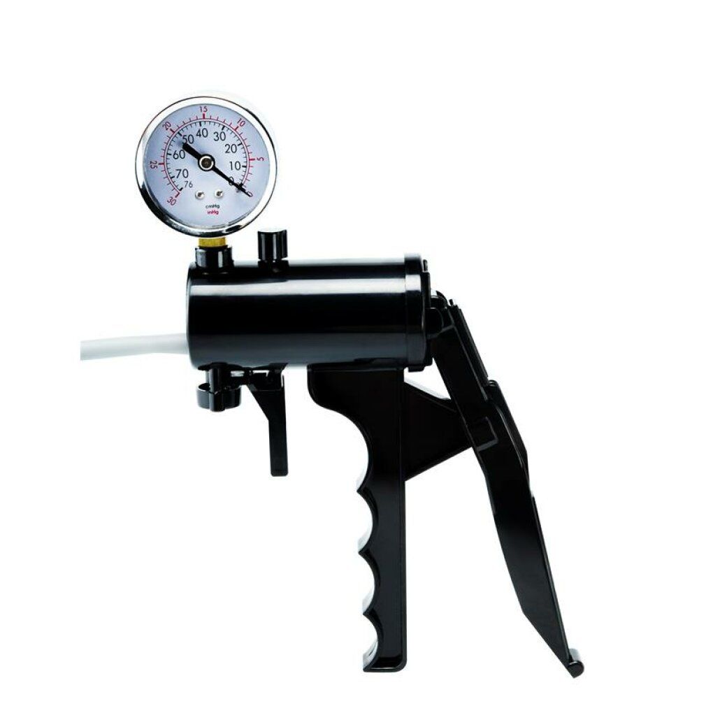 Schwarze Pumpe mit Manometer. Zylinder und Griff. Manometer mit Skala. Schwarzer Griff.