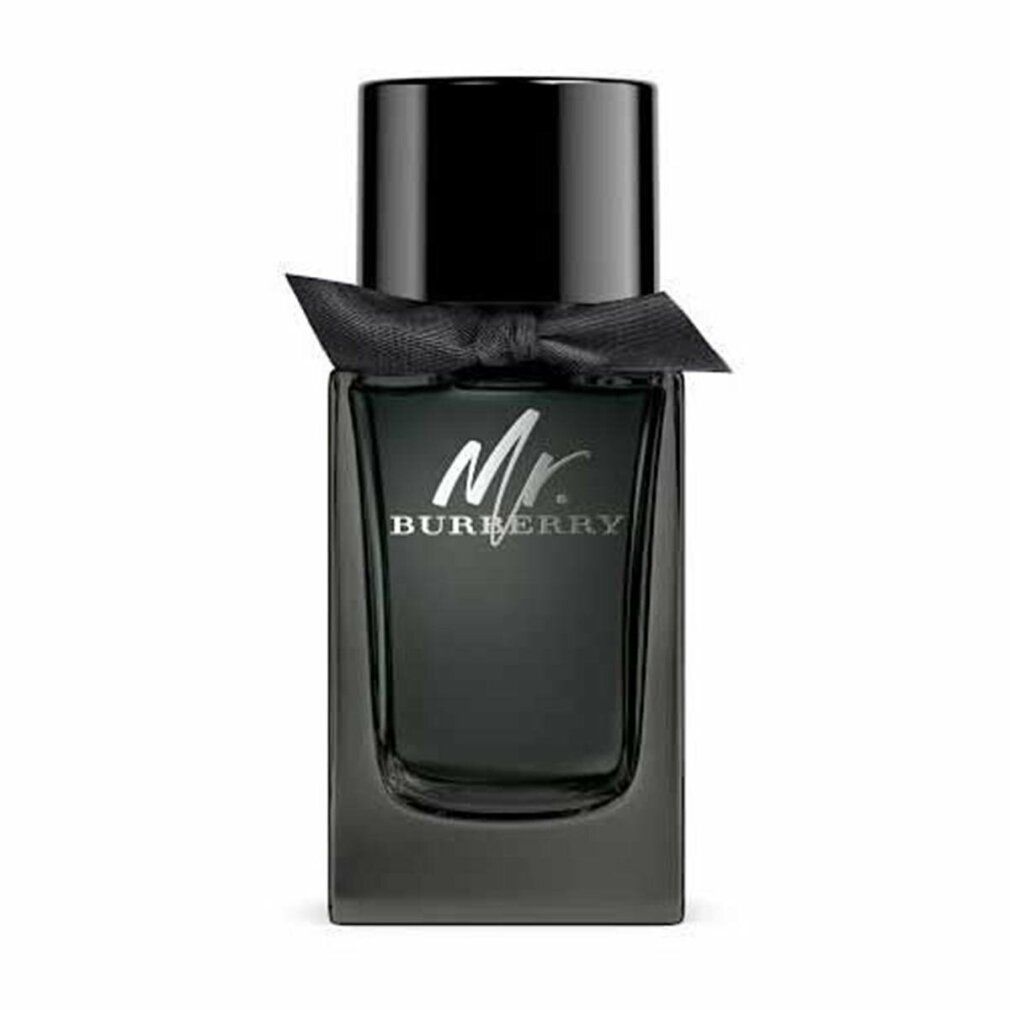 Dunkle Glasflasche mit schwarzem Verschluss und Schleife. Aufschrift "Mr. Burberry".