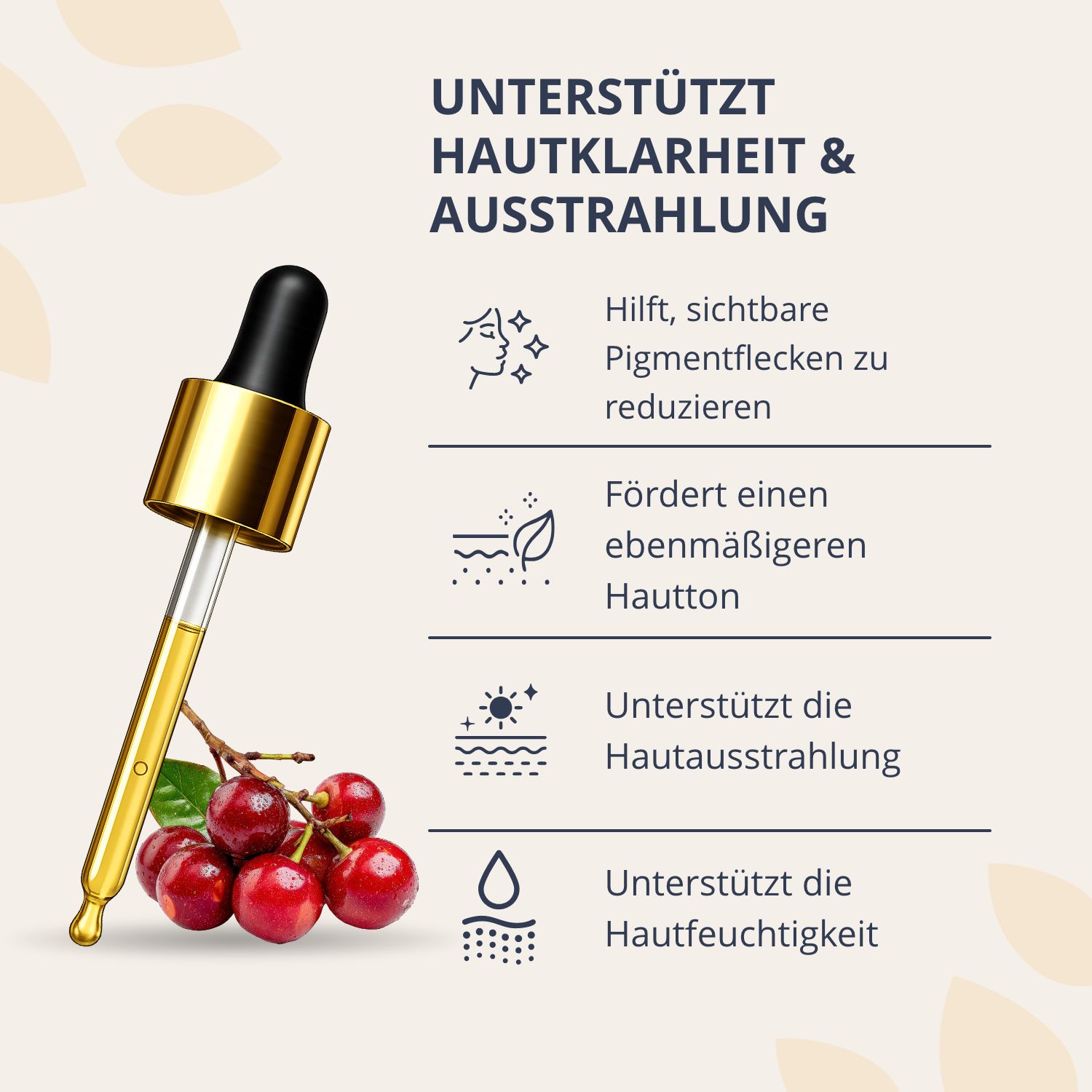 Pipette mit Golden Tree Spotless Serum und Kirschen, daneben Icons für Hautklarheit.
