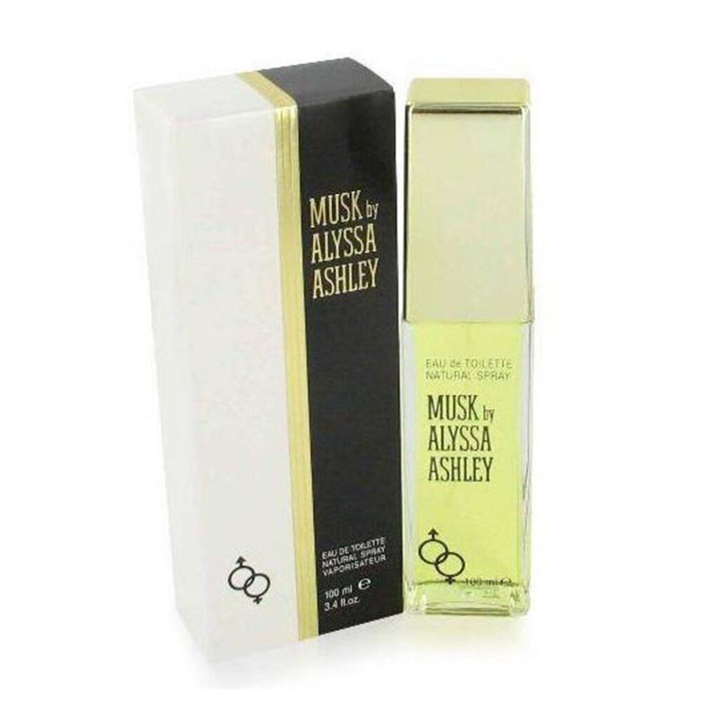 Alyssa Ashley Musk Eau de Toilette Flakon und Verpackung, Seitenansicht.