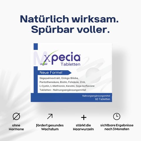 Xpecia Tablet-Packung. Text: Natürliche Wirkung, fördert Wachstum, stärkt Haarwurzeln, Ergebnisse nach 3 Monaten.