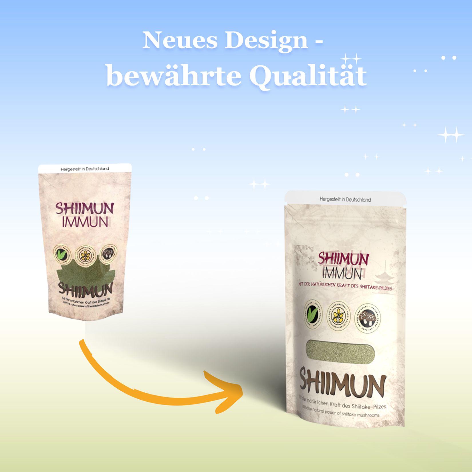 Vergleich von zwei Shiimun Immun Pulver Beuteln. Links: altes Design. Rechts: neues Design. Text: Neues Design - bewährte Qualität.