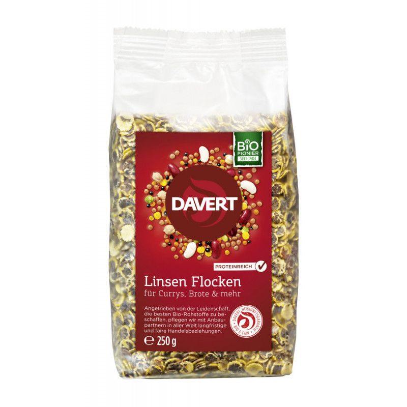 Transparente Verpackung mit Davert Linsen Flocken. Rotes Etikett mit Produktnamen, Bio-Siegel und Protein-Hinweis. Inhalt: 250g.
