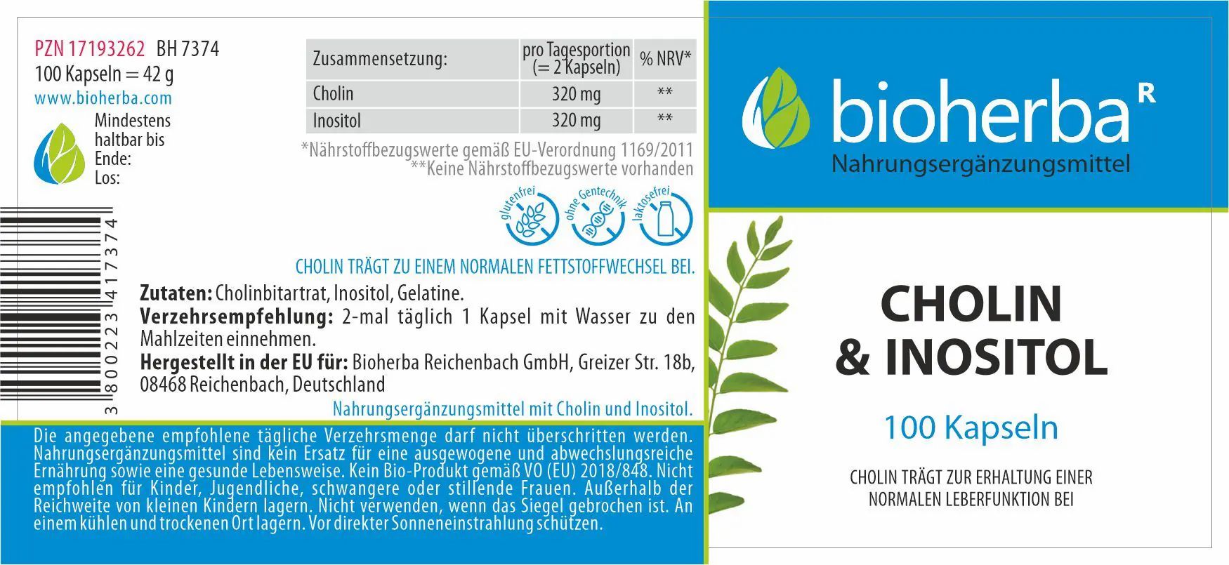 Etikett mit weißem Hintergrund und blauen Akzenten. Text: Bioherba, Cholin & Inositol, 100 Kapseln. Enthält Informationen zu Inhaltsstoffen und Nährwerten.