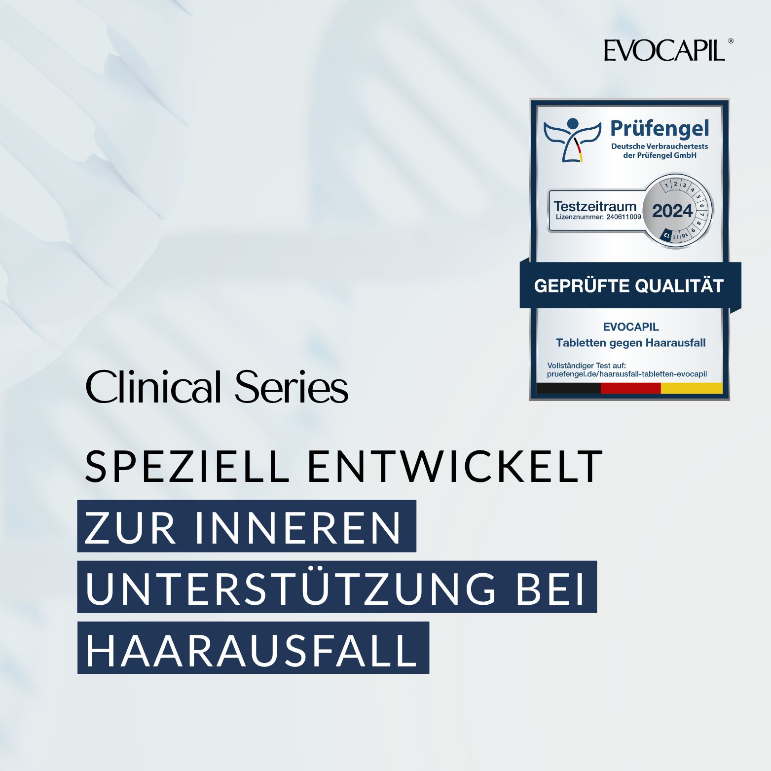 Evocapil Plus: Tabletten gegen Haarausfall mit Prüfsiegel 'Geprüfte Qualität'.