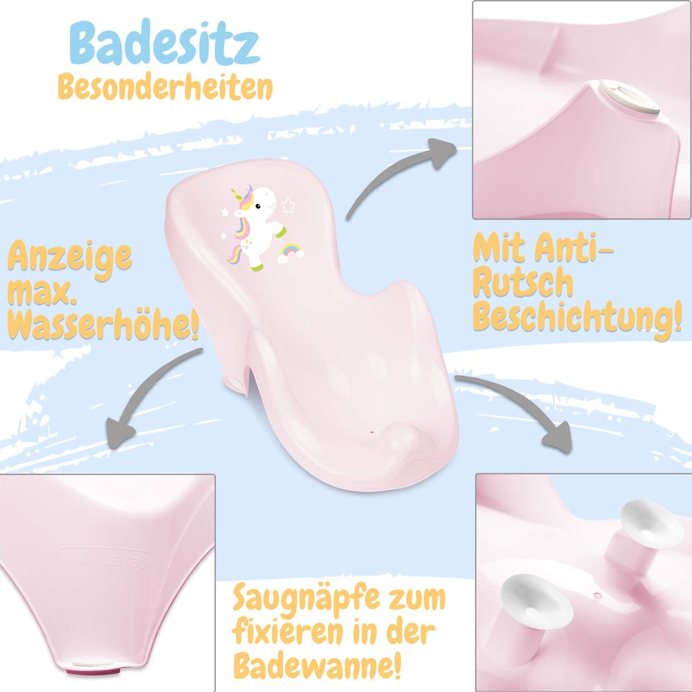 Rosa Badesitz mit Einhorn-Dekor. Merkmale: Anti-Rutsch-Beschichtung, Saugnäpfe, Wasserstandsanzeige.