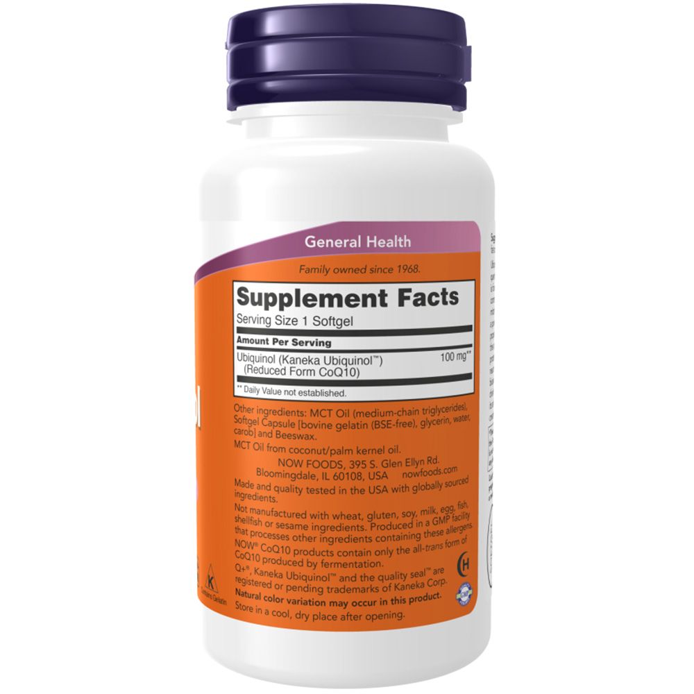 Weißes Fläschchen mit lila Deckel und orangefarbenem Etikett. Text: Supplement Facts, Ubiquinol, 100 mg. Aufschrift: NOW FOODS.