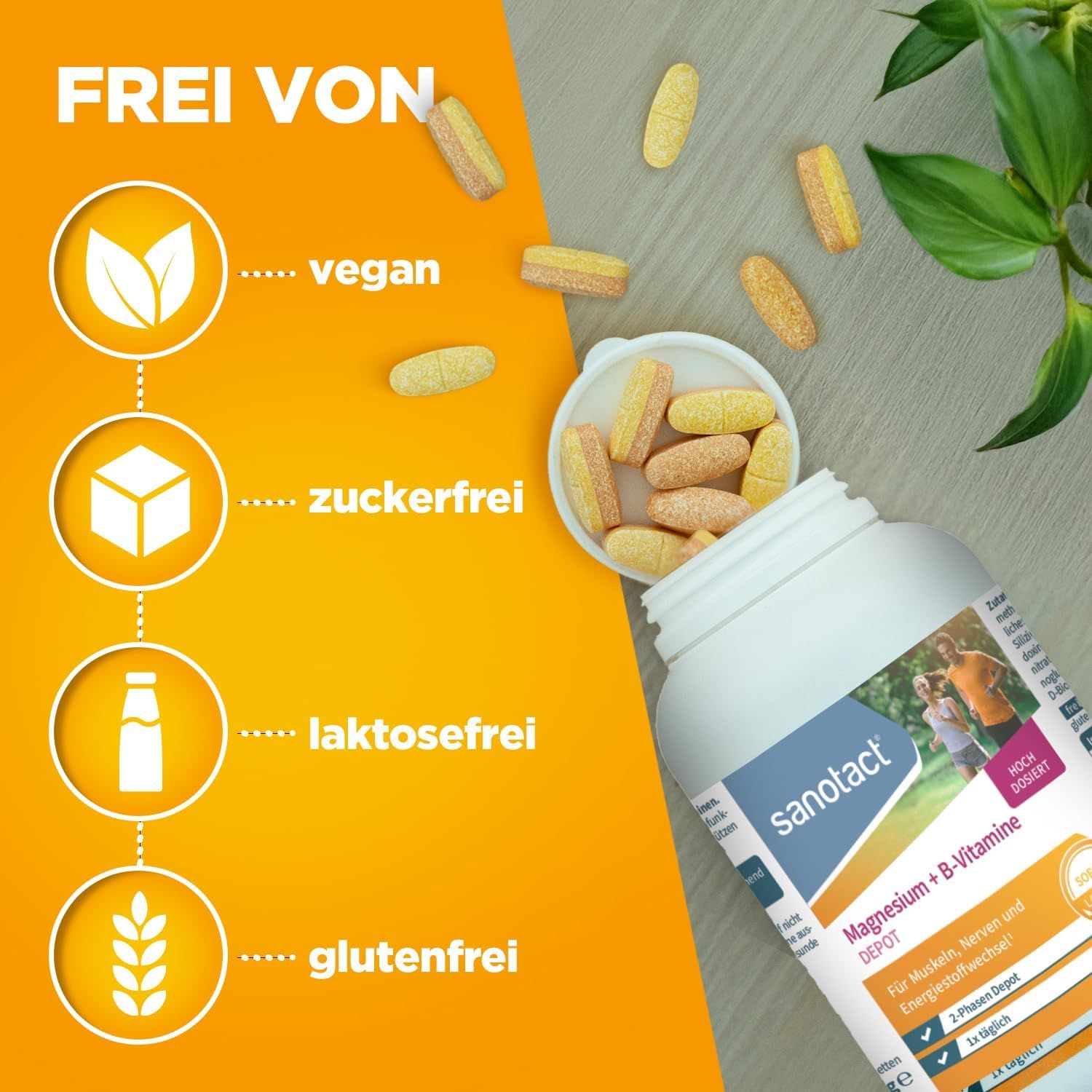 Weiße Flasche Sanotact Magnesium 500 + B-Vitamine. Symbole: vegan, zuckerfrei, laktosefrei, glutenfrei. Tabletten daneben.