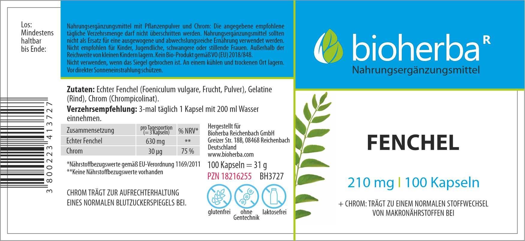 Bioherba Fenchel Kapseln. Weiße Packung mit blauem Streifen. Text: Fenchel, 210 mg | 100 Kapseln. Glutenfrei, laktosefrei.