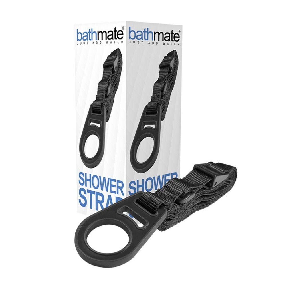 Zwei schwarze Shower Straps mit Verpackung. Verpackung mit Bathmate-Logo und Produktnamen. Schwarze Gurte mit Schlaufen.