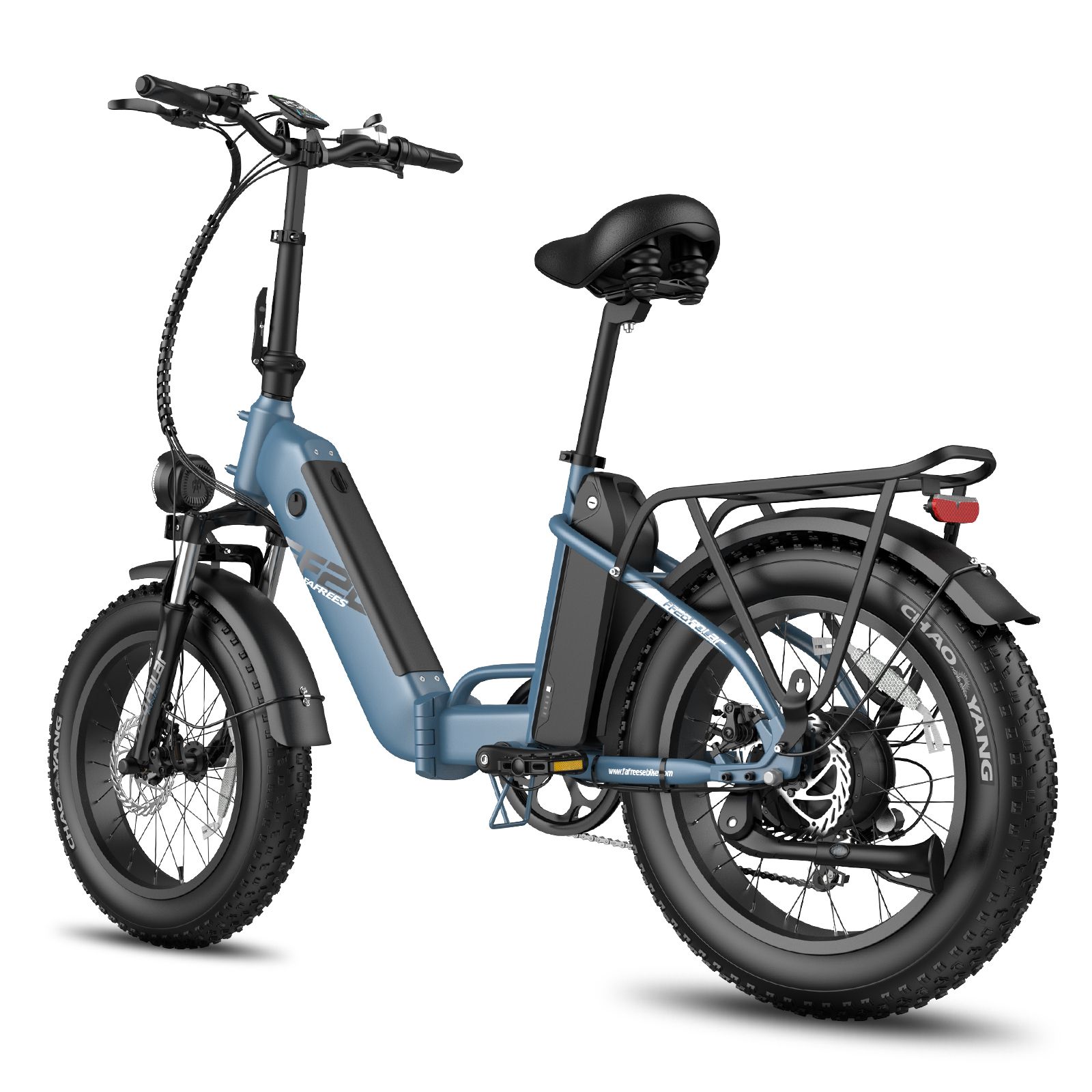 Blaues, faltbares E-Bike. Schwarze Reifen, Sattel und Gepäckträger. Rücklicht. Marke Fafrees.