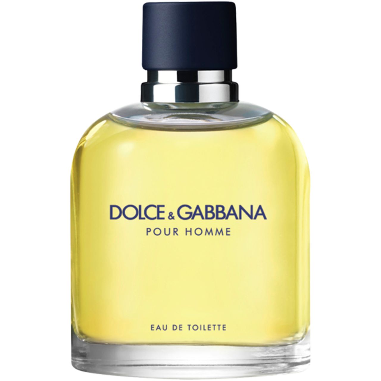Glasflakon von Dolce & Gabbana Pour Homme EdT. Schwarzer Deckel. Gelbliche Flüssigkeit. Schwarze Schrift: Marke, Produktname, und 'Eau de Toilette'.