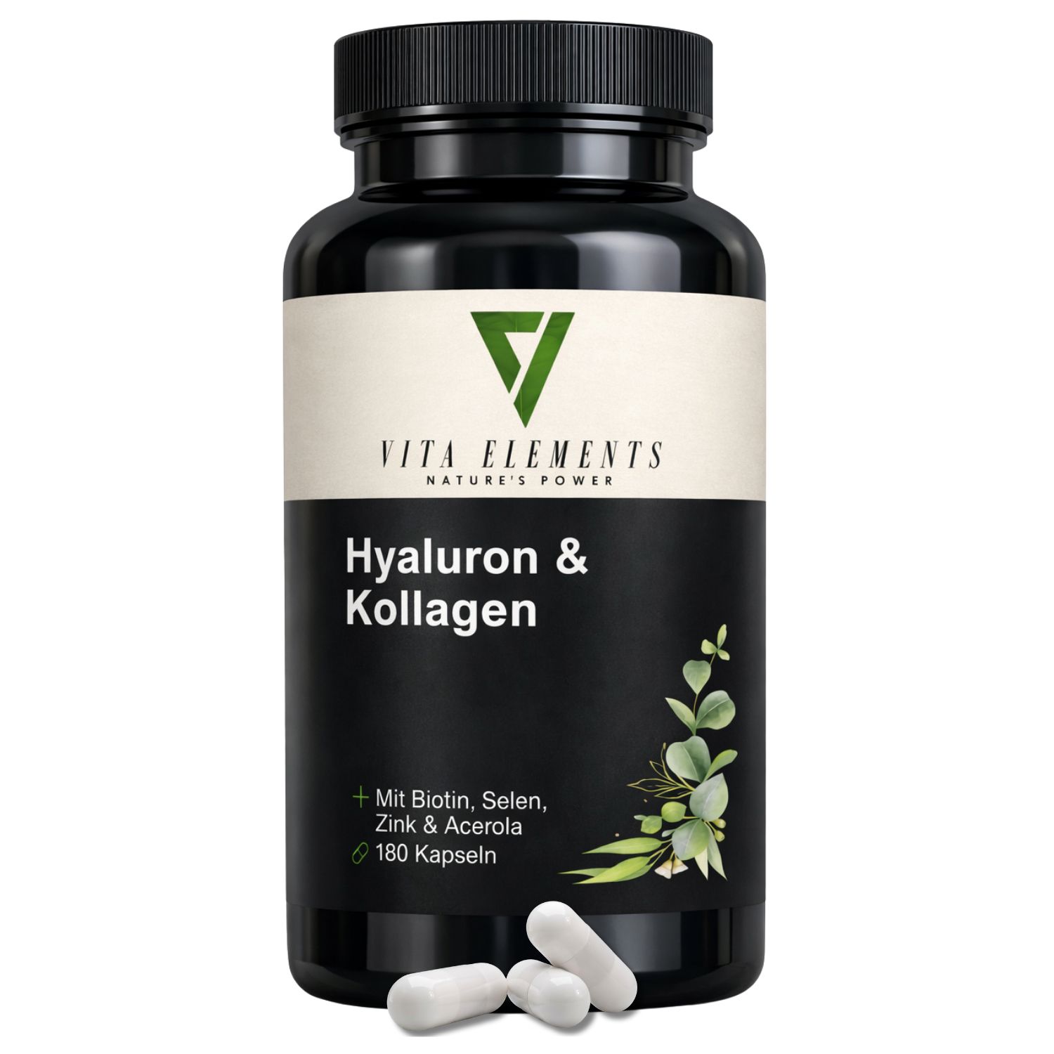 Schwarze Dose mit Vita Elements Hyaluron & Kollagen Kapseln, 180 Stück.