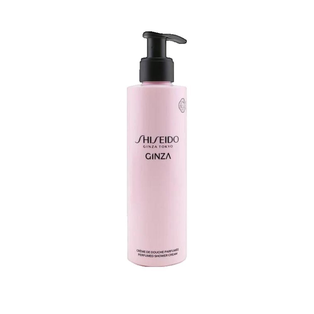 Rosa Flasche mit schwarzem Pumpkopf. Aufschrift: Shiseido Ginza. Creme de Douche Parfumée.