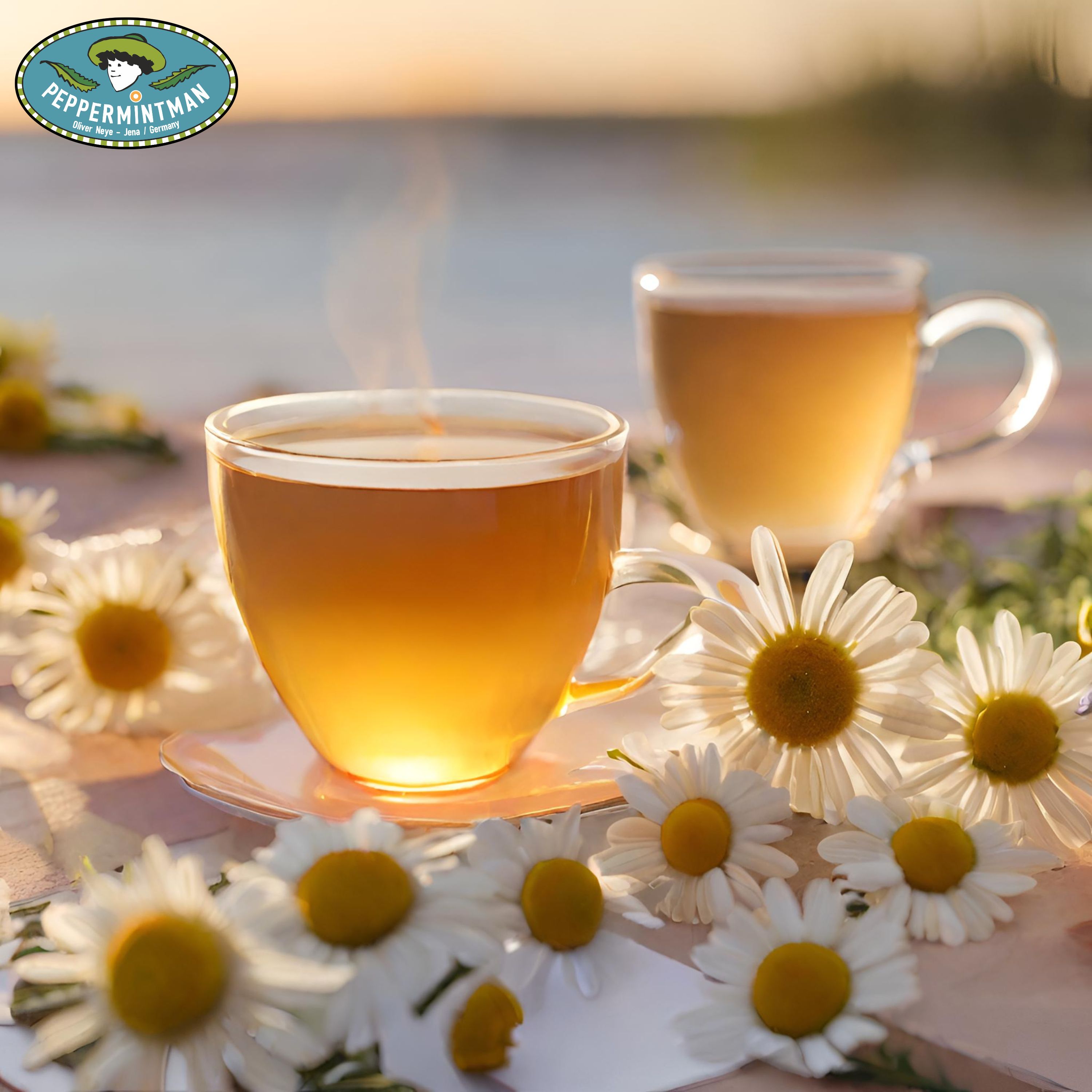 Zwei Gläser mit Kamillentee, umgeben von Gänseblümchen. Dampf steigt auf. Auf einem Tisch, im Hintergrund verschwommene Landschaft.