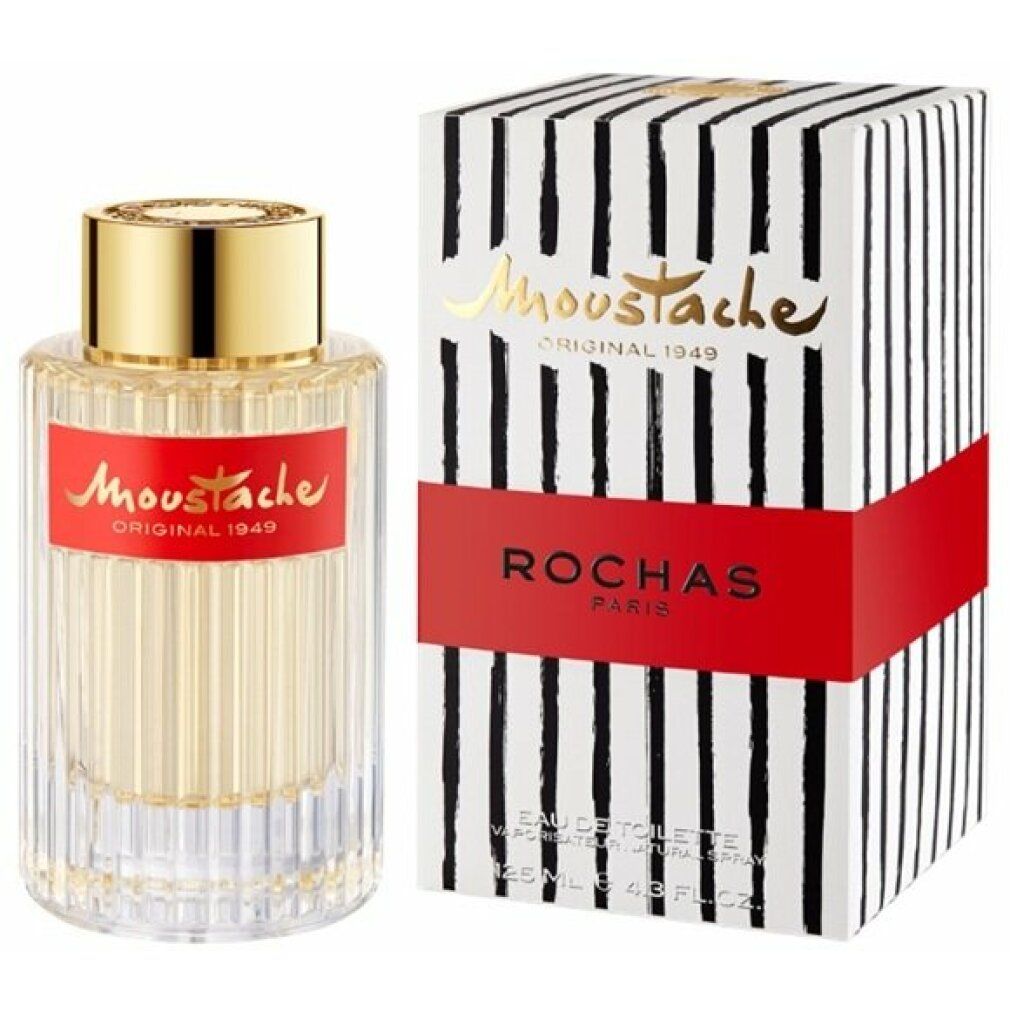 Flakon und Verpackung von Rochas Moustache Eau de Toilette. Flakon mit rotem Etikett, goldener Kappe. Verpackung mit schwarz-weißem Streifenmuster.