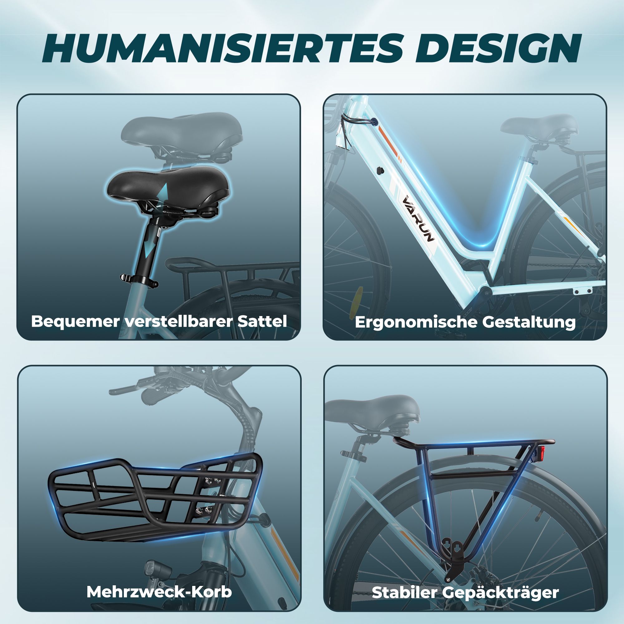 Hellblaues E-Bike mit Details. Text: Bequemer verstellbarer Sattel, ergonomische Gestaltung, Mehrzweck-Korb, stabiler Gepäckträger.