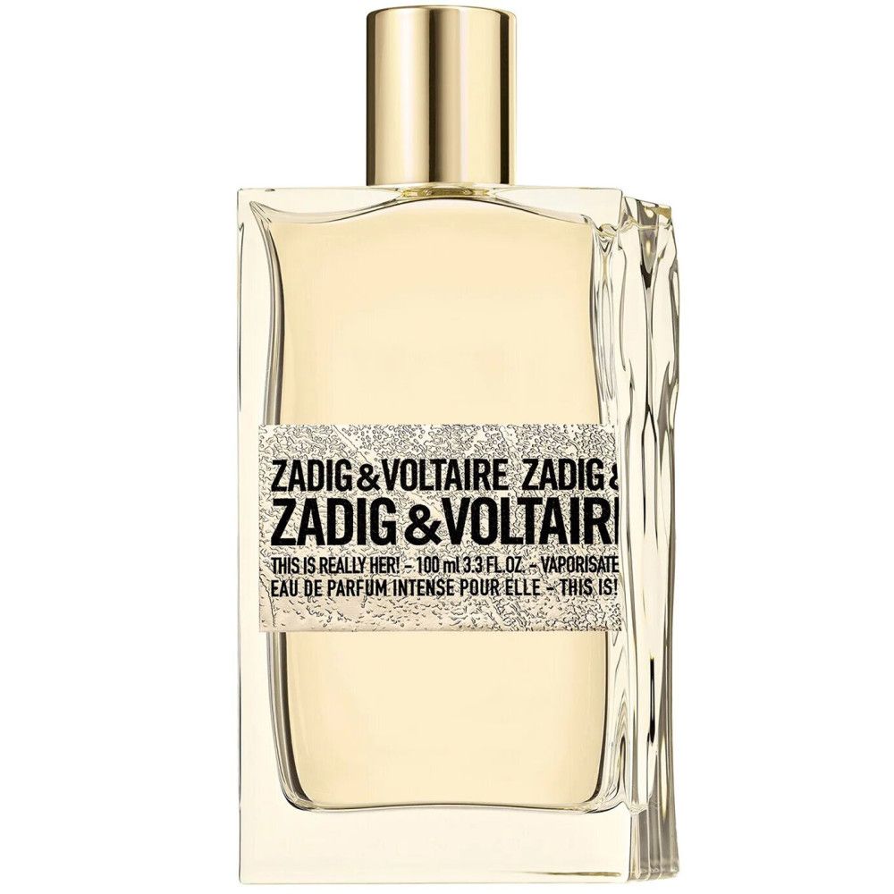 Parfümflasche. Aufschrift: ZADIG & VOLTAIRE THIS IS REALLY HER. Goldfarbener Verschluss, rechteckige Flasche.