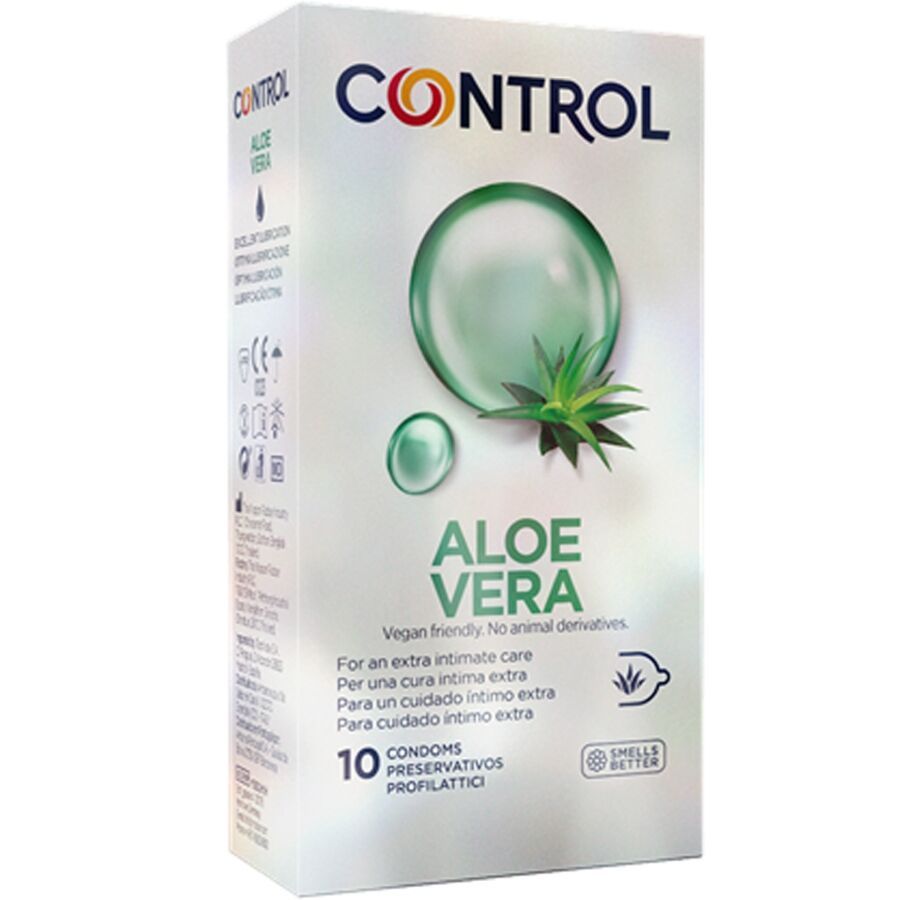Verpackung mit Kondomen. Aufschrift CONTROL, Aloe Vera. 10 Kondome. Vegan. Mit Aloe Vera-Motiv und Qualitätszeichen.