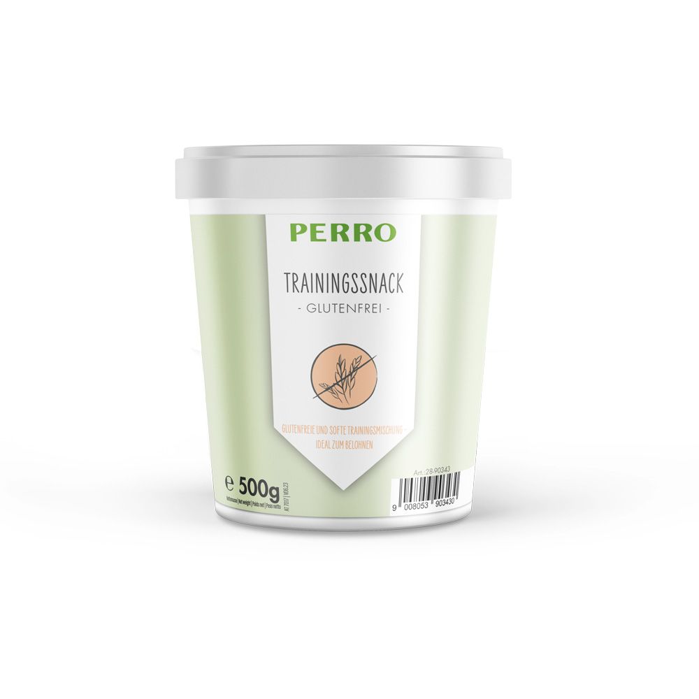 Behälter mit PERRO Trainingssnack. Aufschrift: Glutenfrei. Logo mit durchgestrichenem Getreide. Gewicht: 500g.