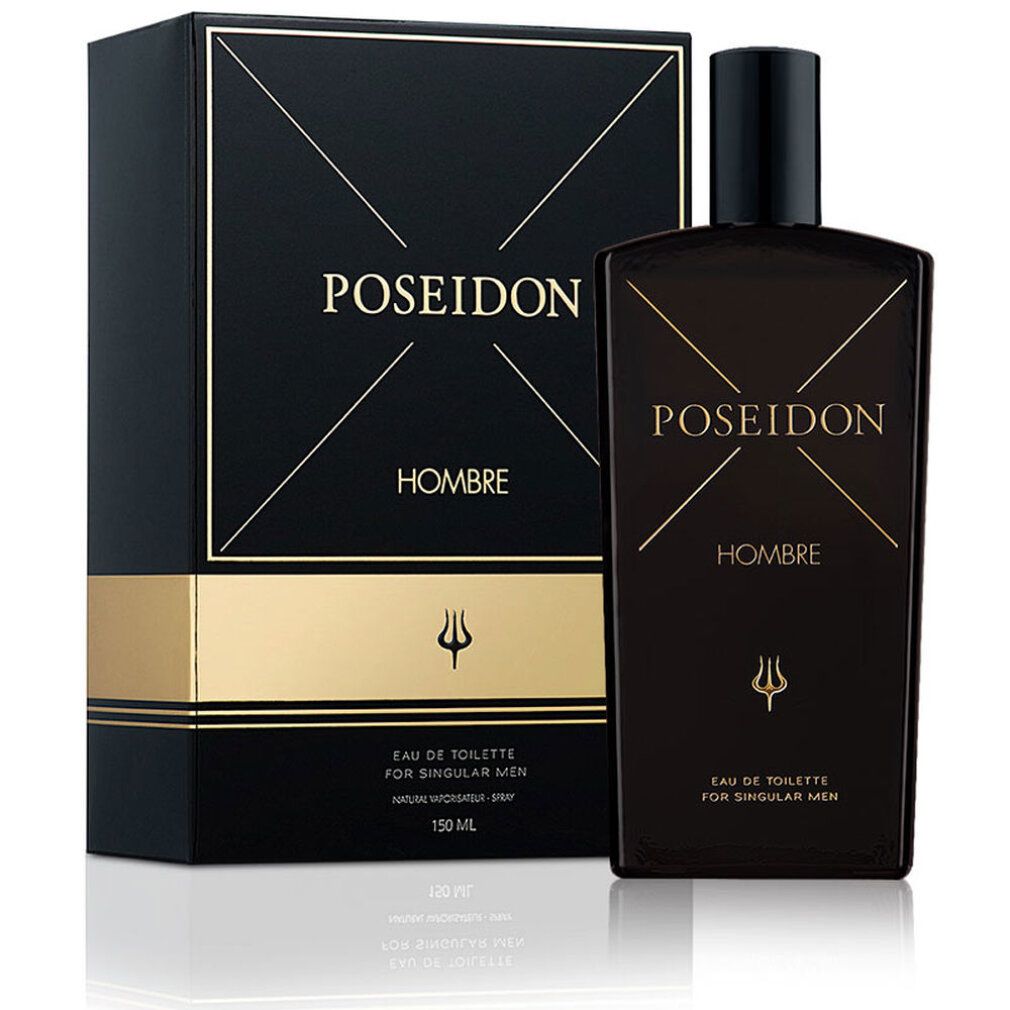 Schwarze Schachtel und Flasche. Aufschrift POSEIDON, HOMBRE und Dreizack. Flasche mit schwarzem Verschluss.