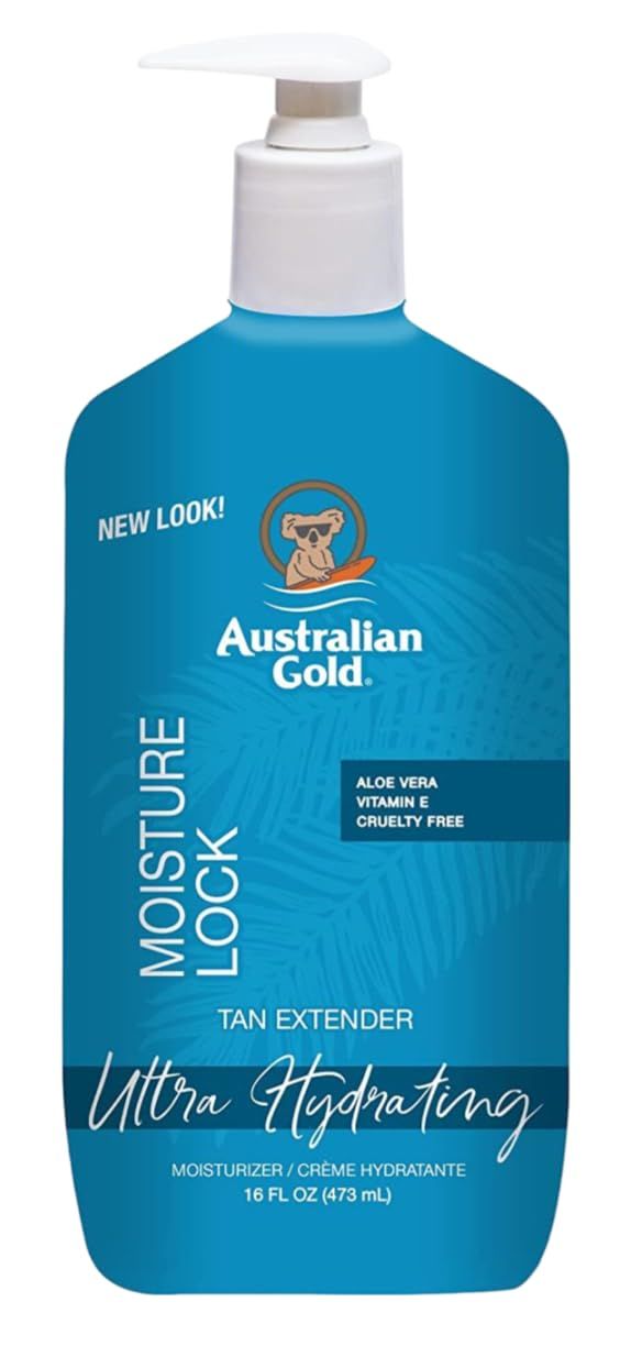 Blau-türkisfarbene Flasche mit Pumpe. Aufschrift: Moisture Lock, Tan Extender, Ultra Hydrating Formula. Marke: Australian Gold. Aloe Vera, Vitamin E.