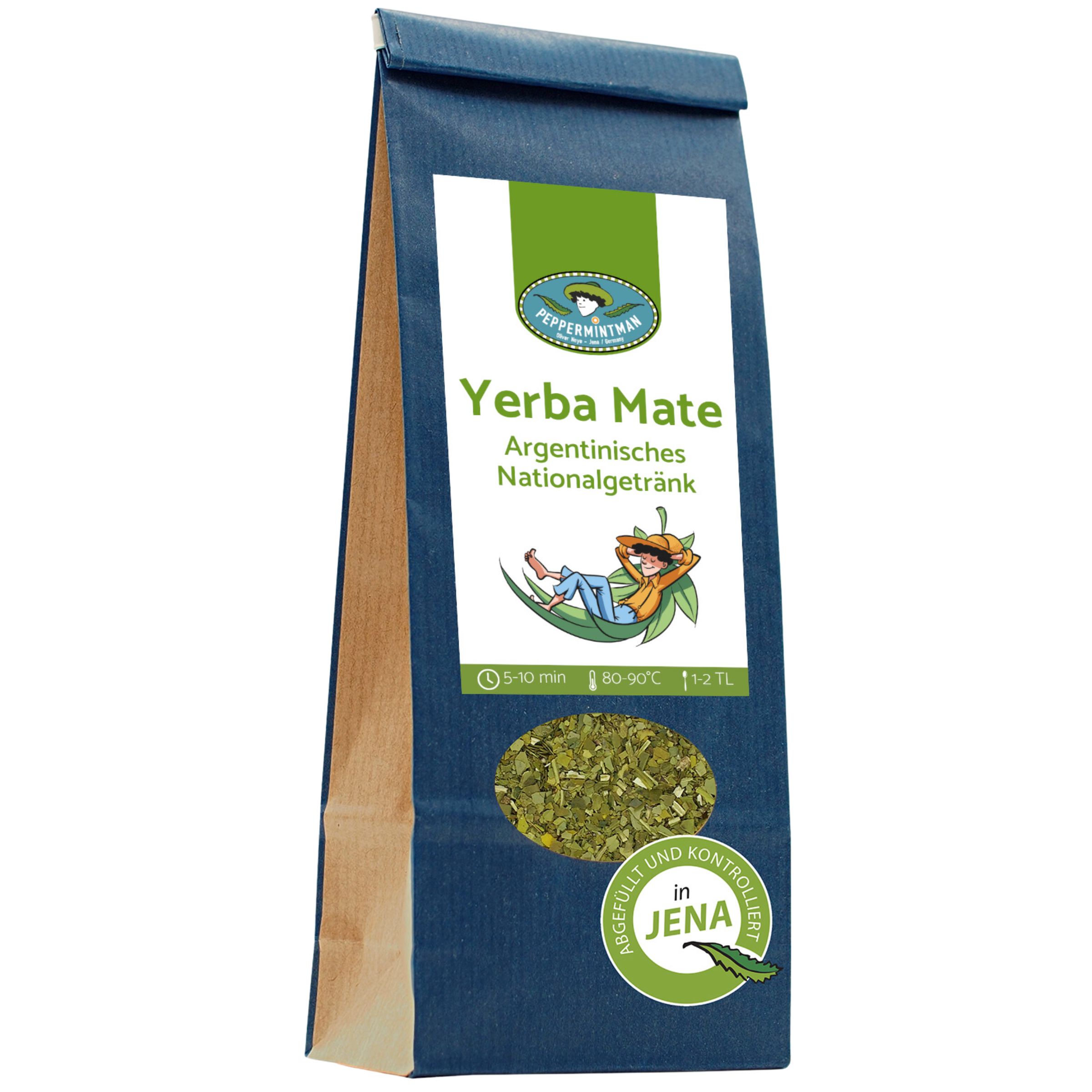 Blauer Beutel mit Yerba Mate. Sichtfenster mit getrockneten Blättern. Logo und Schriftzug: PEPPERMINTMAN, Yerba Mate, Argentinisches Nationalgetränk.