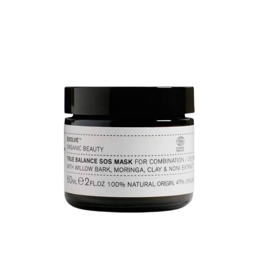 Schwarzes Tiegel mit weißem Etikett. Text: Evolve Organic Beauty, True Balance SOS Mask. Mit Inhaltsstoffen wie Weidenrinde und Moringa.