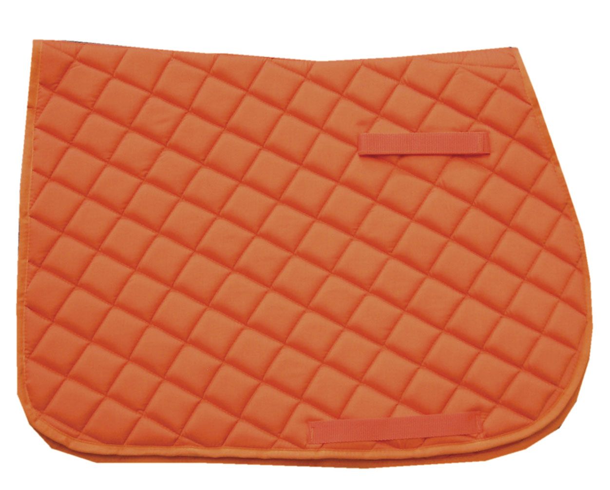 Orangefarbene Sattelunterlage mit Rautenmuster und zwei Schlaufen. Quadratische Form mit abgerundeten Ecken.
