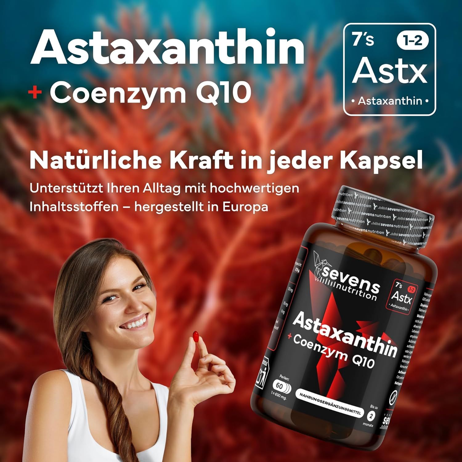 Frau hält Astaxanthin-Kapsel vor sich, daneben eine Dose mit Astaxanthin + Coenzym Q10.