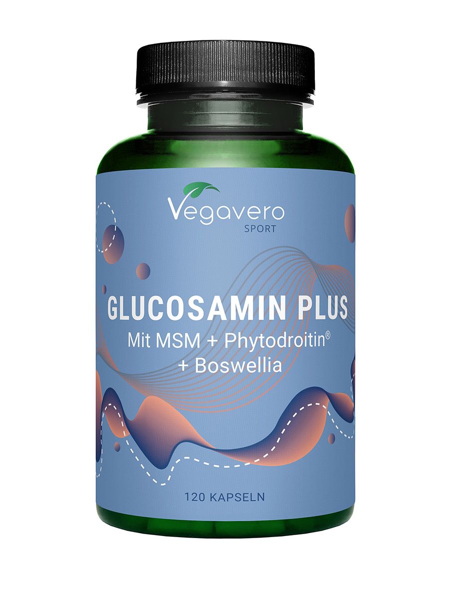 Grüne Flasche mit schwarzem Deckel. Aufschrift: VEGAVERO SPORT GLUCOSAMIN PLUS. Enthält MSM, Phytodroitin, Boswellia. 120 Kapseln.