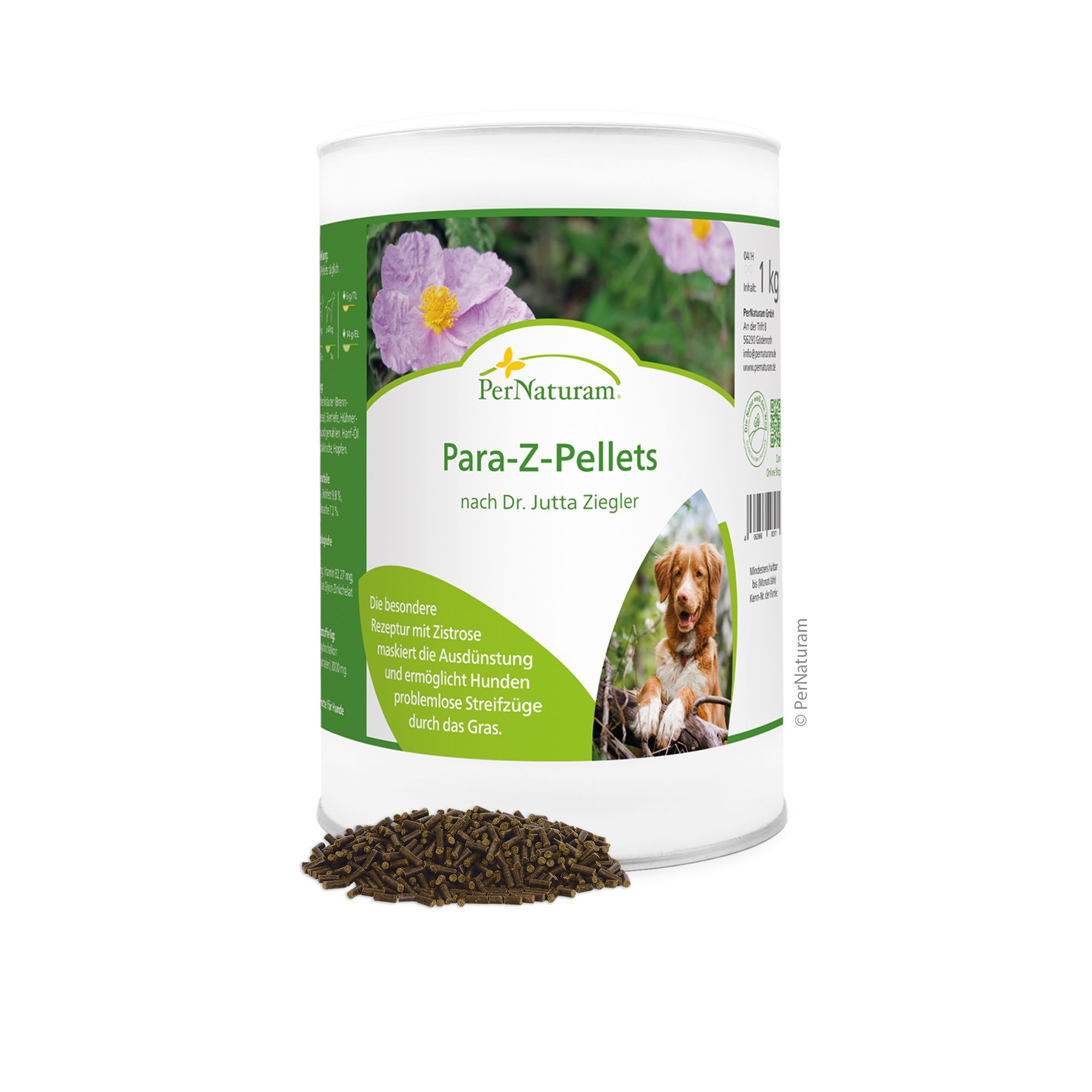 PerNaturam Para-Z-Pellets Dose mit Produktabbildung und Text. 1 kg Inhalt. Grün-weißes Etikett mit Hund und Blüte.