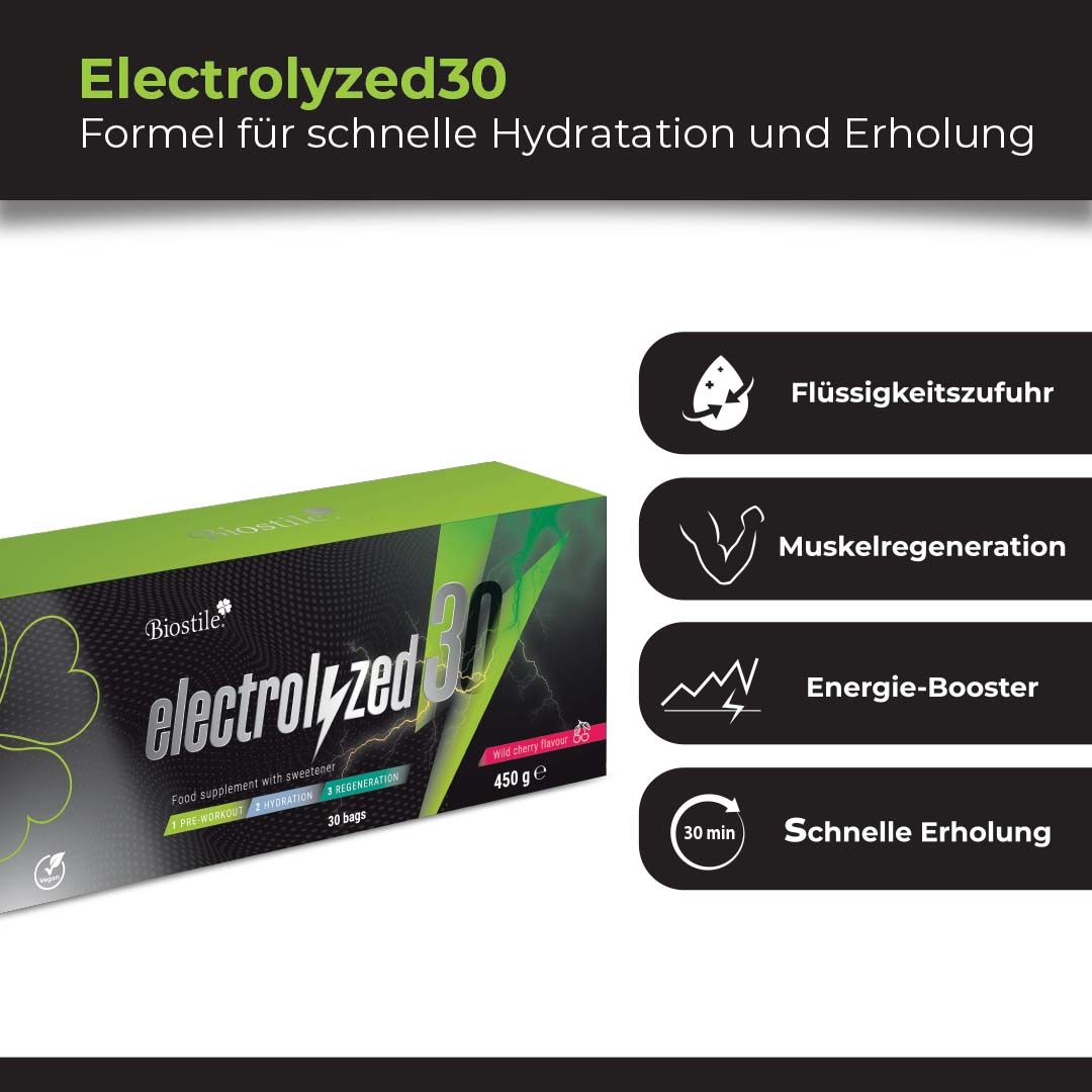 Biostile Electrolyzed30 Elektrolyt-Pulver Schachtel mit Vorteilen: Flüssigkeitszufuhr, Muskelregeneration, Energie-Booster.
