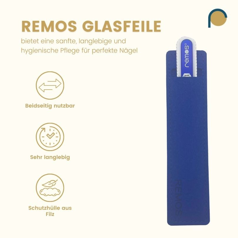 Blaue Etui mit Glasnagelfeile. Text: beidseitig nutzbar, sehr langlebig, Schutzhülle aus Filz.