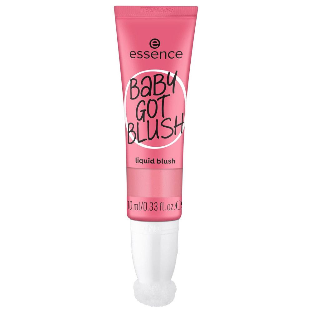 Rosa Tube mit weißem Applikator. Aufschrift: Essence Baby Got Blush, liquid blush. 10 ml/0.33 fl. oz. E.