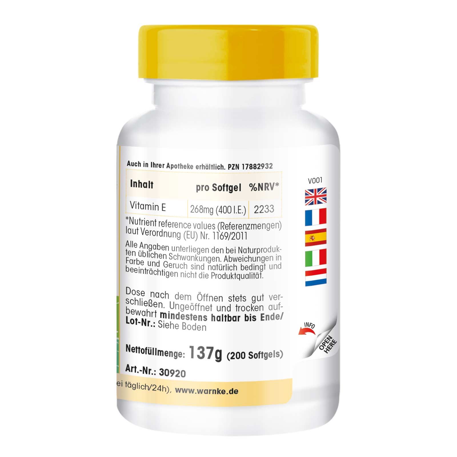 Rückseite einer weißen Pillenflasche mit gelbem Deckel. Text: Inhalt, Vitamin E, Nettomenge 137g (200 Softgels).